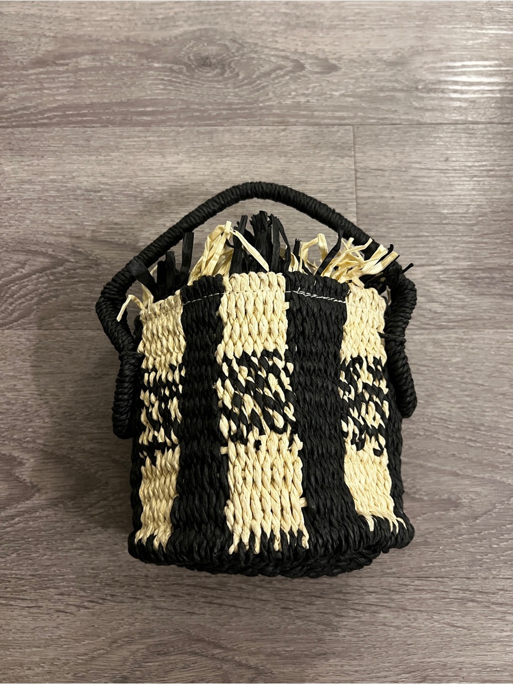 H&M Black and Natural Straw Mini Bucket Bag